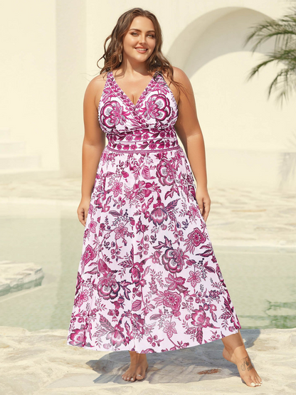 Two-Piece Floral Print Ruched Mesh Swimsuit, Sarong