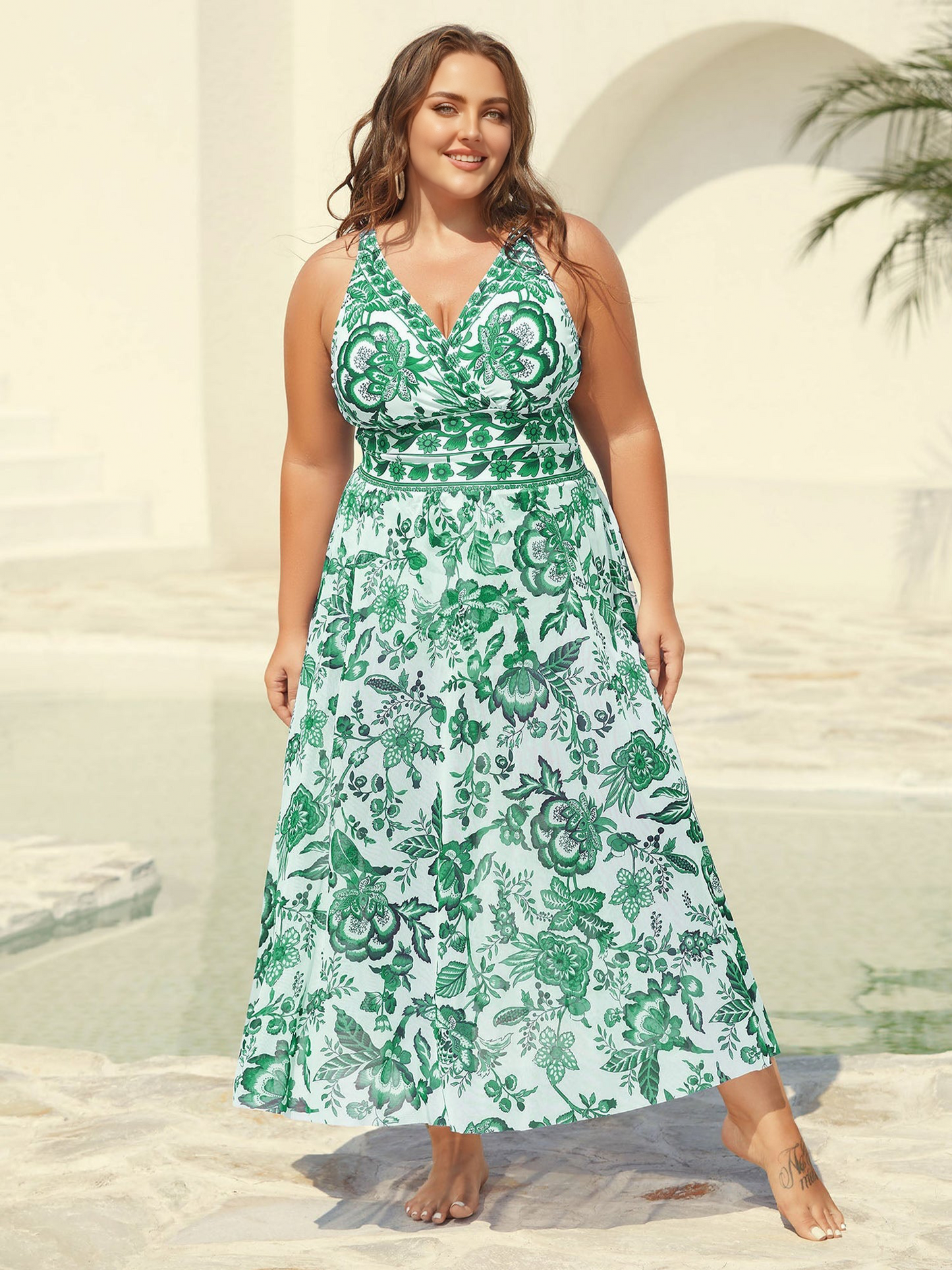 Two-Piece Floral Print Ruched Mesh Swimsuit, Sarong