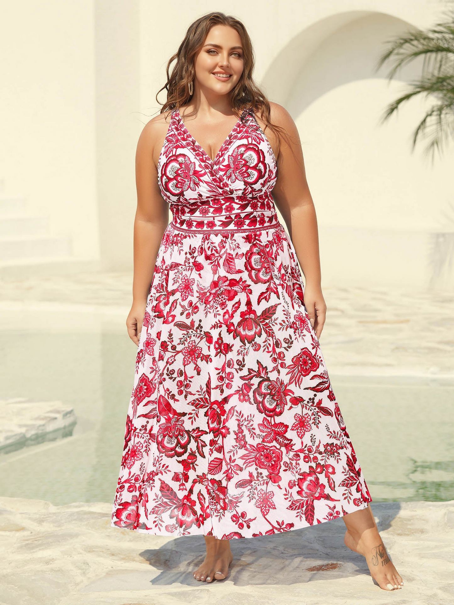 Two-Piece Floral Print Ruched Mesh Swimsuit, Sarong