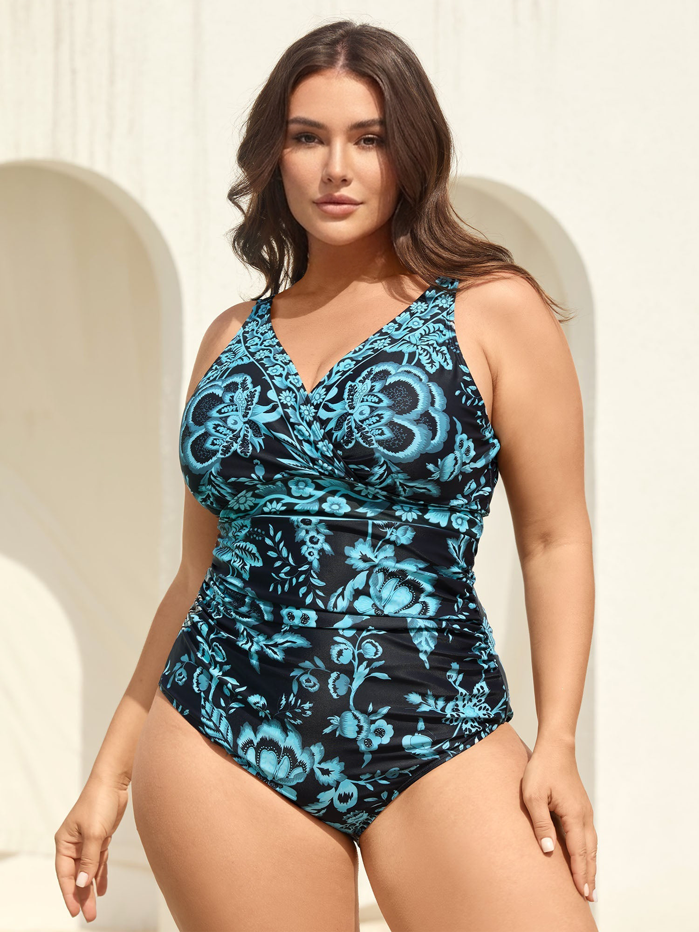 Two-Piece Floral Print Ruched Mesh Swimsuit, Sarong