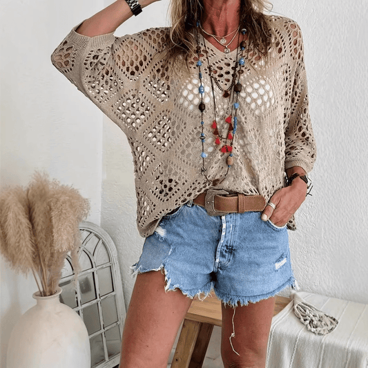 🔥Mother's Day 50% OFF🎁Women's Bohemian-Inspired Beige Crochet Top with V-Neck