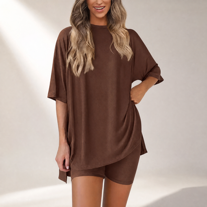 🔥Last Day 60% OFF🔥Crewneck Two-Piece Set For Women Summer Casual Oversized Split Hem Shirts