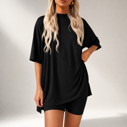 🔥Last Day 60% OFF🔥Crewneck Two-Piece Set For Women Summer Casual Oversized Split Hem Shirts
