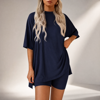 🔥Last Day 60% OFF🔥Crewneck Two-Piece Set For Women Summer Casual Oversized Split Hem Shirts