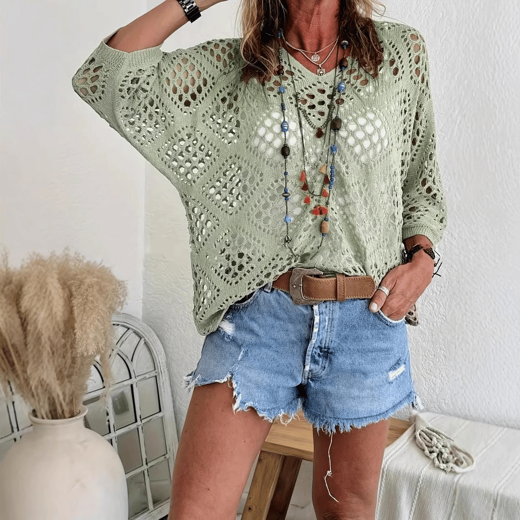 🔥Mother's Day 50% OFF🎁Women's Bohemian-Inspired Beige Crochet Top with V-Neck