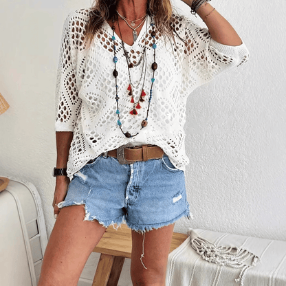 🔥Mother's Day 50% OFF🎁Women's Bohemian-Inspired Beige Crochet Top with V-Neck