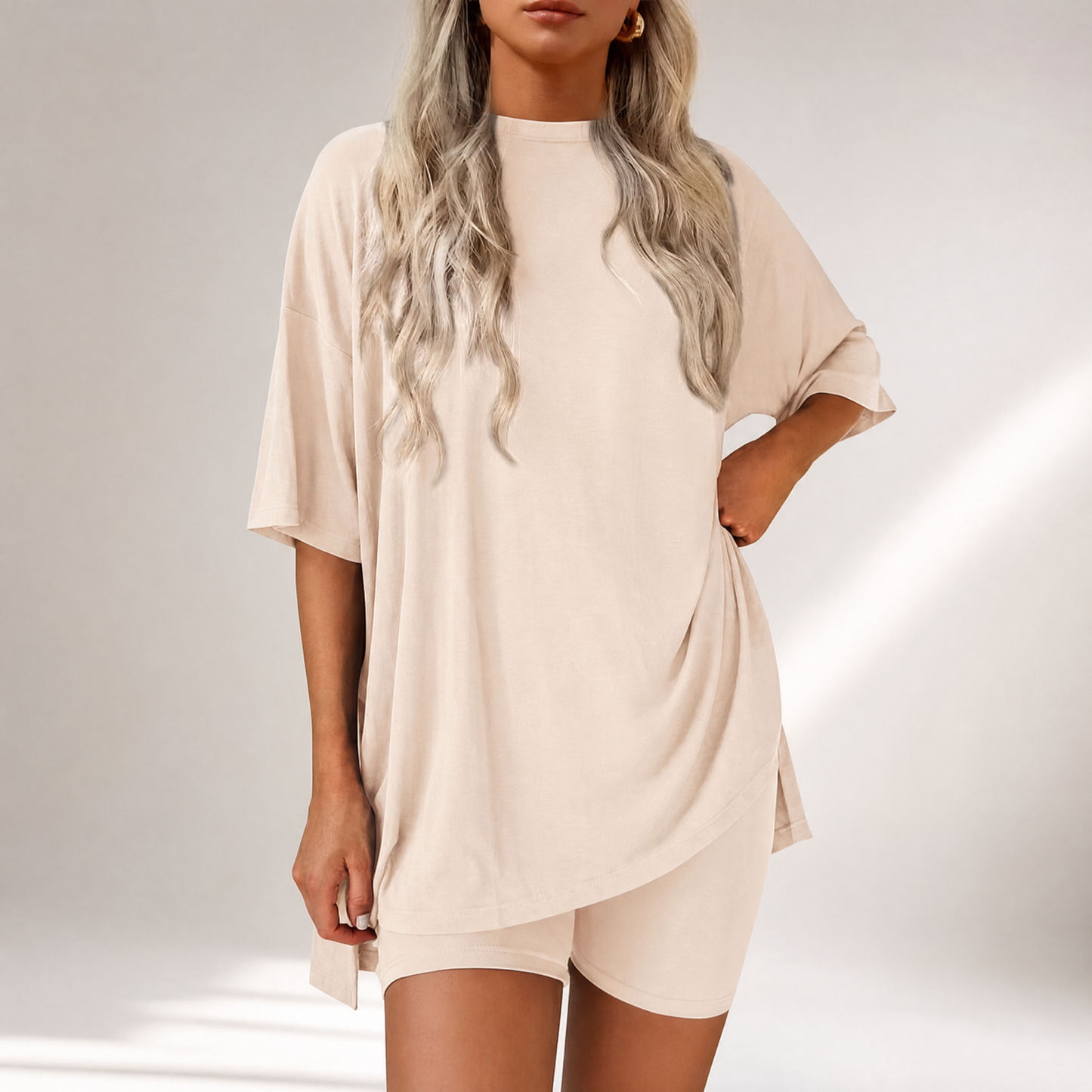 🔥Last Day 60% OFF🔥Crewneck Two-Piece Set For Women Summer Casual Oversized Split Hem Shirts