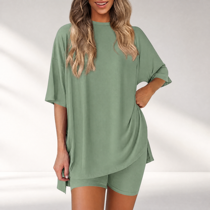 🔥Last Day 60% OFF🔥Crewneck Two-Piece Set For Women Summer Casual Oversized Split Hem Shirts