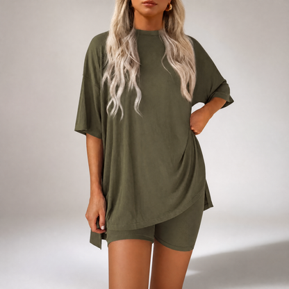 🔥Last Day 60% OFF🔥Crewneck Two-Piece Set For Women Summer Casual Oversized Split Hem Shirts