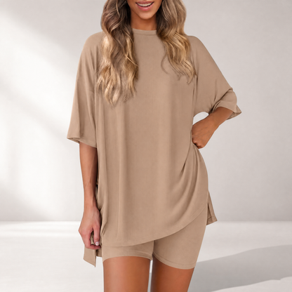 🔥Last Day 60% OFF🔥Crewneck Two-Piece Set For Women Summer Casual Oversized Split Hem Shirts