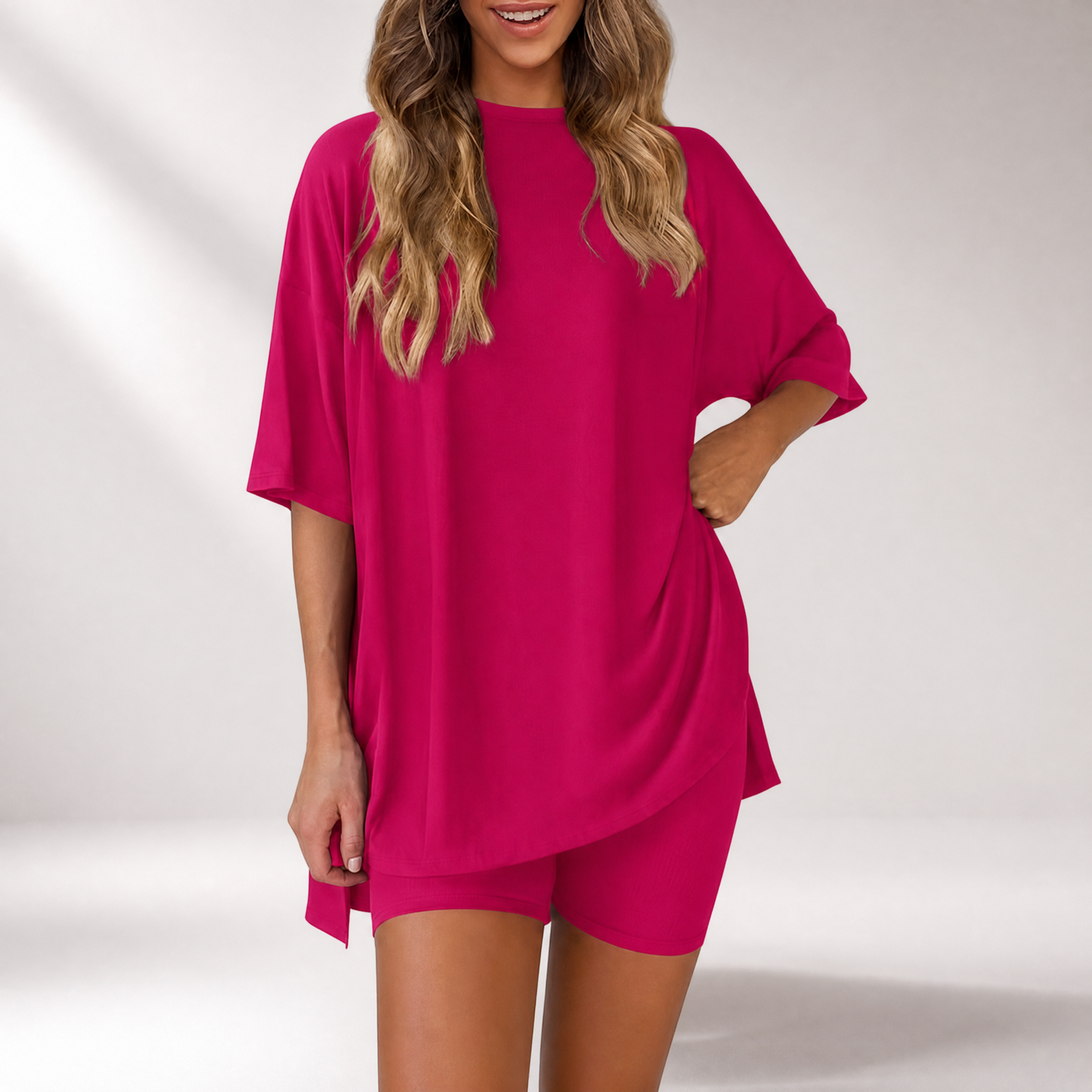 🔥Last Day 60% OFF🔥Crewneck Two-Piece Set For Women Summer Casual Oversized Split Hem Shirts