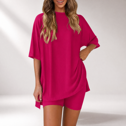 🔥Last Day 60% OFF🔥Crewneck Two-Piece Set For Women Summer Casual Oversized Split Hem Shirts