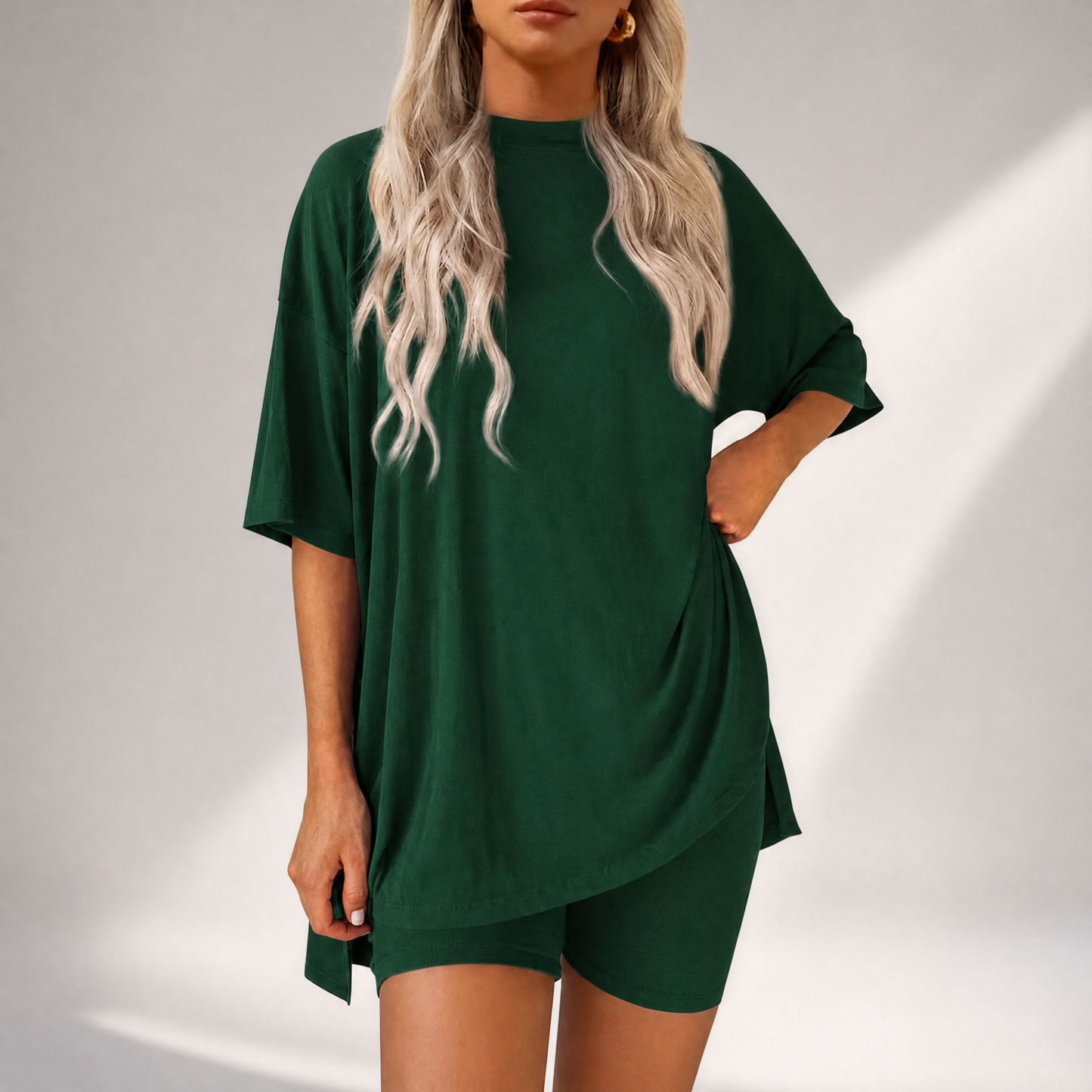 🔥Last Day 60% OFF🔥Crewneck Two-Piece Set For Women Summer Casual Oversized Split Hem Shirts
