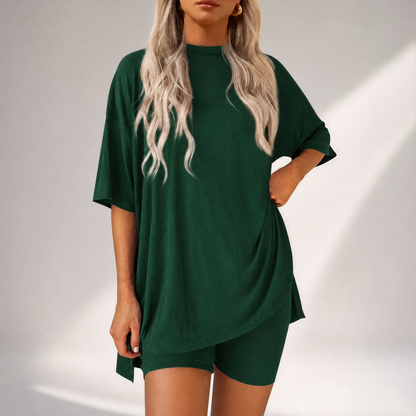 🔥Last Day 60% OFF🔥Crewneck Two-Piece Set For Women Summer Casual Oversized Split Hem Shirts