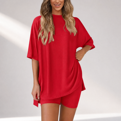 🔥Last Day 60% OFF🔥Crewneck Two-Piece Set For Women Summer Casual Oversized Split Hem Shirts