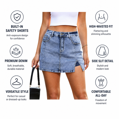 Anti-Exposure Denim Mini Skirt with Built-In Safety Shorts