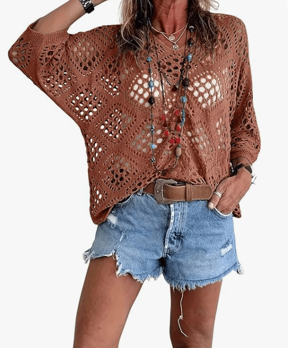 🔥Mother's Day 50% OFF🎁Women's Bohemian-Inspired Beige Crochet Top with V-Neck