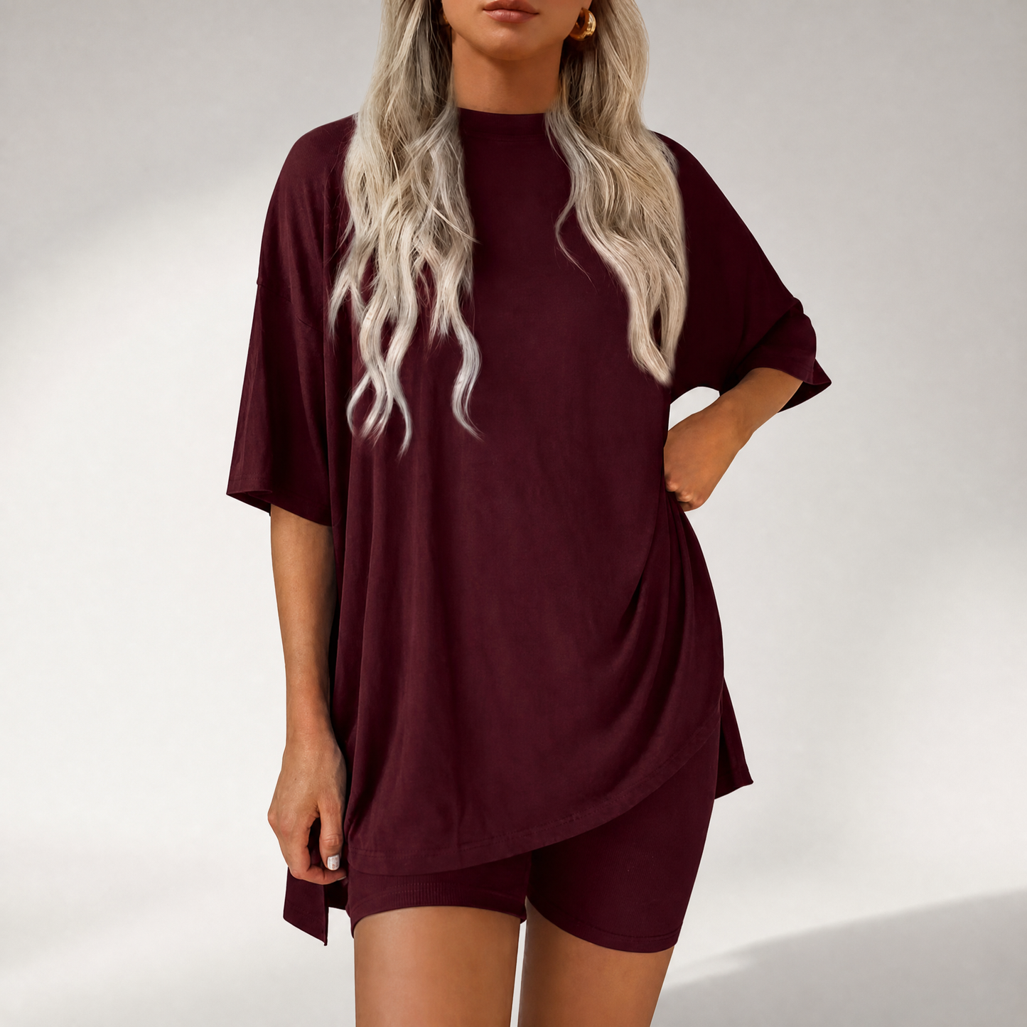🔥Last Day 60% OFF🔥Crewneck Two-Piece Set For Women Summer Casual Oversized Split Hem Shirts