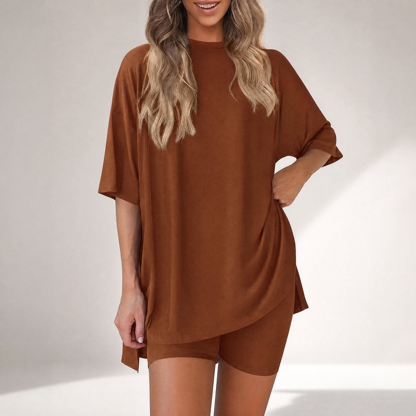🔥Last Day 60% OFF🔥Crewneck Two-Piece Set For Women Summer Casual Oversized Split Hem Shirts