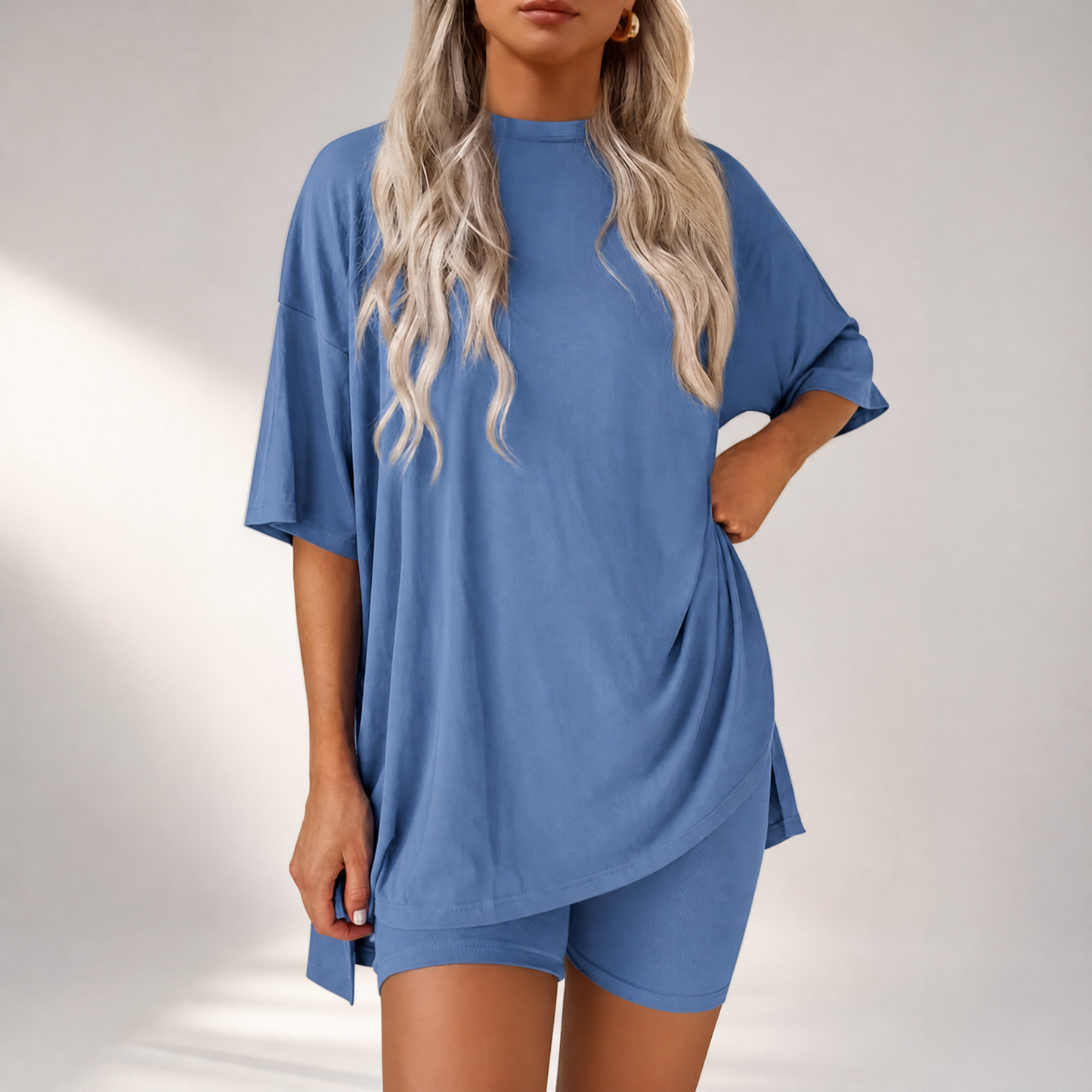 🔥Last Day 60% OFF🔥Crewneck Two-Piece Set For Women Summer Casual Oversized Split Hem Shirts
