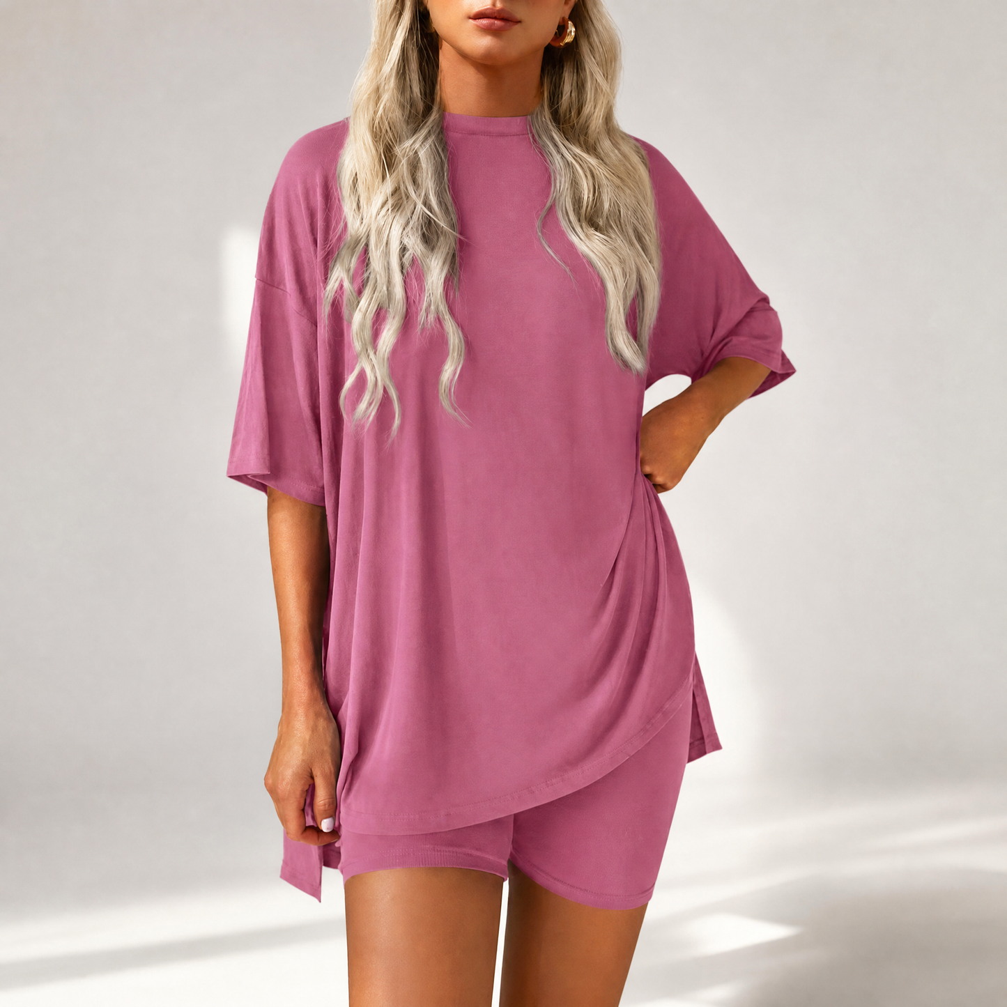 🔥Last Day 60% OFF🔥Crewneck Two-Piece Set For Women Summer Casual Oversized Split Hem Shirts