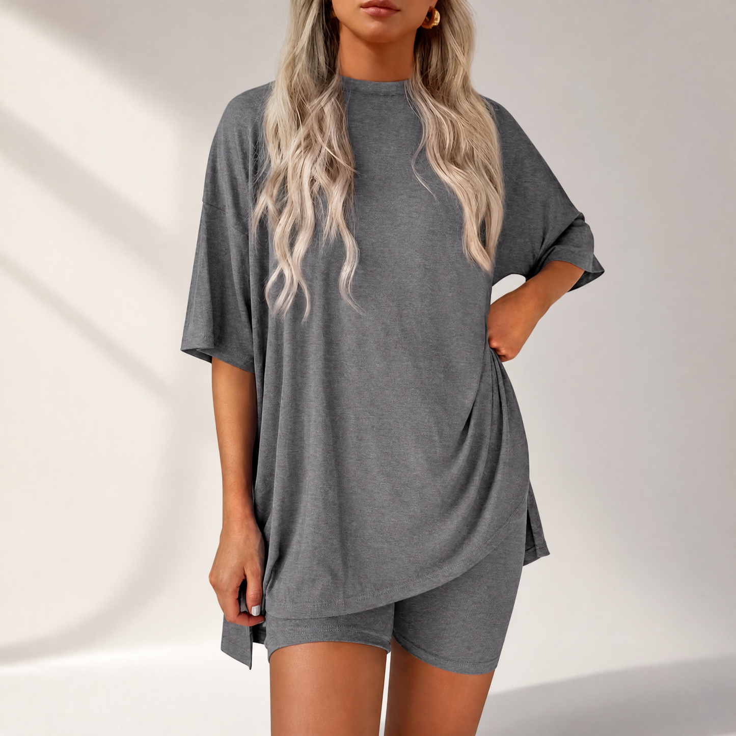 🔥Last Day 60% OFF🔥Crewneck Two-Piece Set For Women Summer Casual Oversized Split Hem Shirts