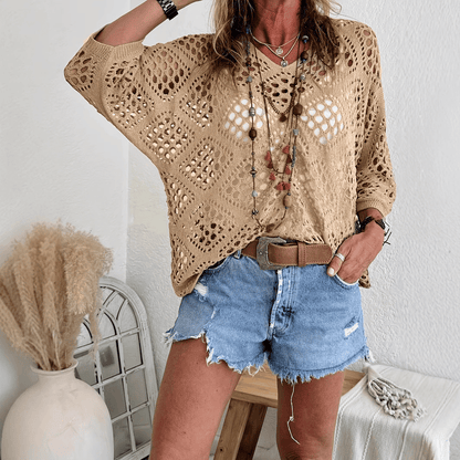 🔥Mother's Day 50% OFF🎁Women's Bohemian-Inspired Beige Crochet Top with V-Neck