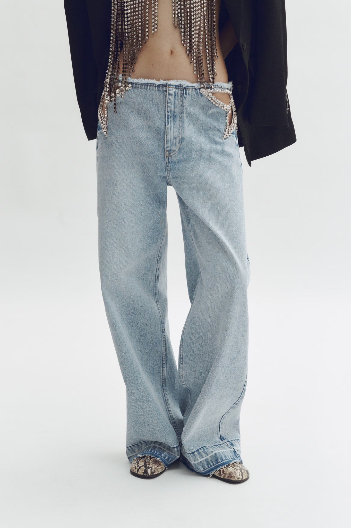 Rhinestone Cutout Wide Leg Jeans