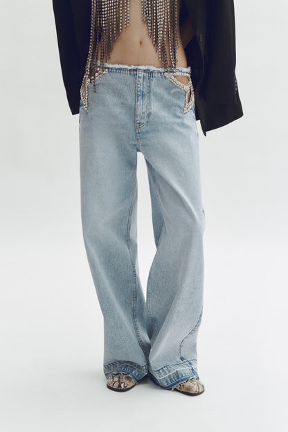 Rhinestone Cutout Wide Leg Jeans